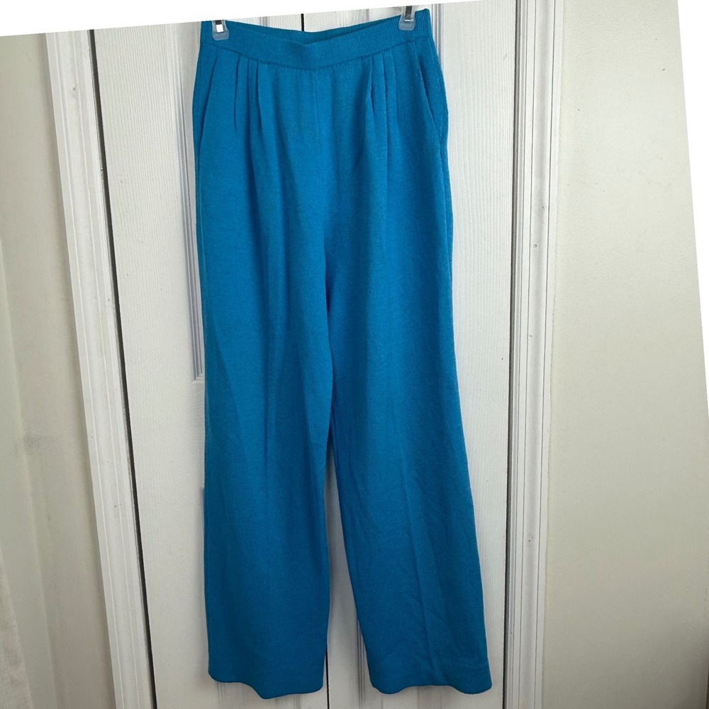 St John Collection Marie Gray Santana Knit Pleated Wide Leg Pants Turquoise‎ 2